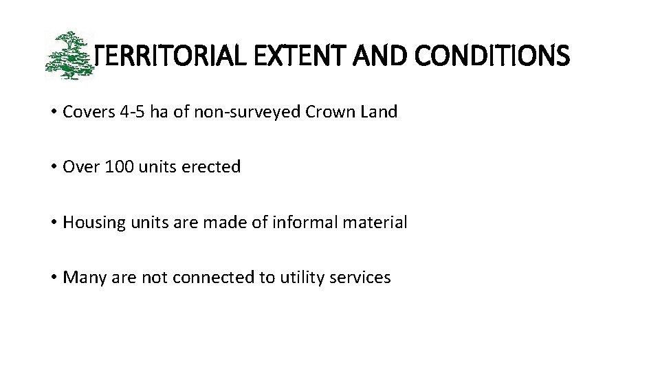 TERRITORIAL EXTENT AND CONDITIONS • Covers 4 -5 ha of non-surveyed Crown Land •