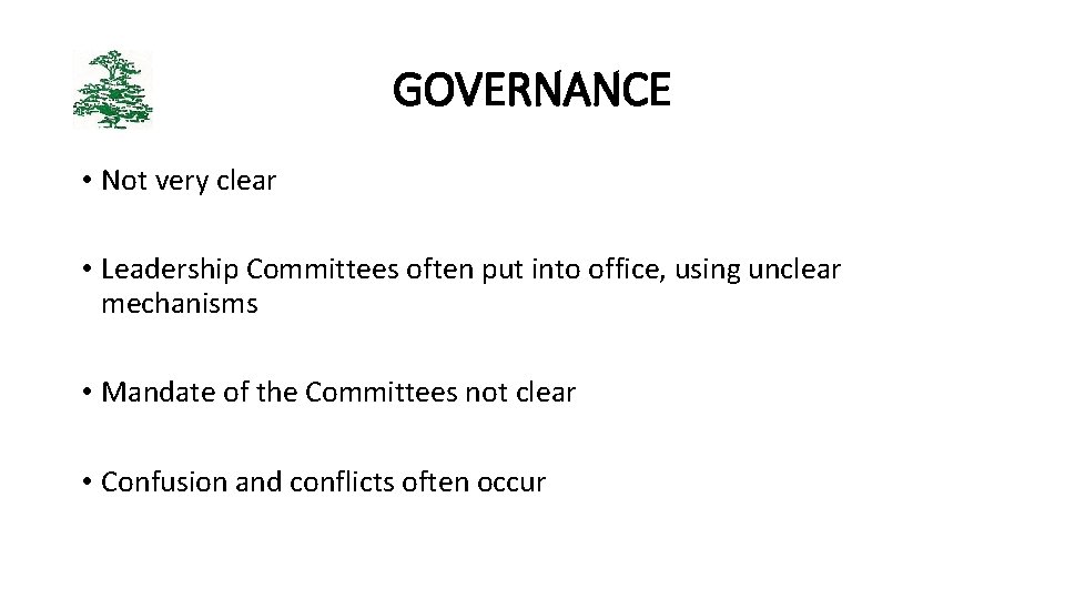 GOVERNANCE • Not very clear • Leadership Committees often put into office, using unclear