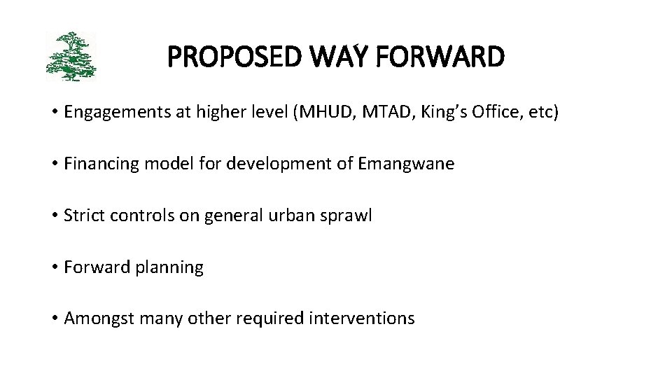 PROPOSED WAY FORWARD • Engagements at higher level (MHUD, MTAD, King’s Office, etc) •