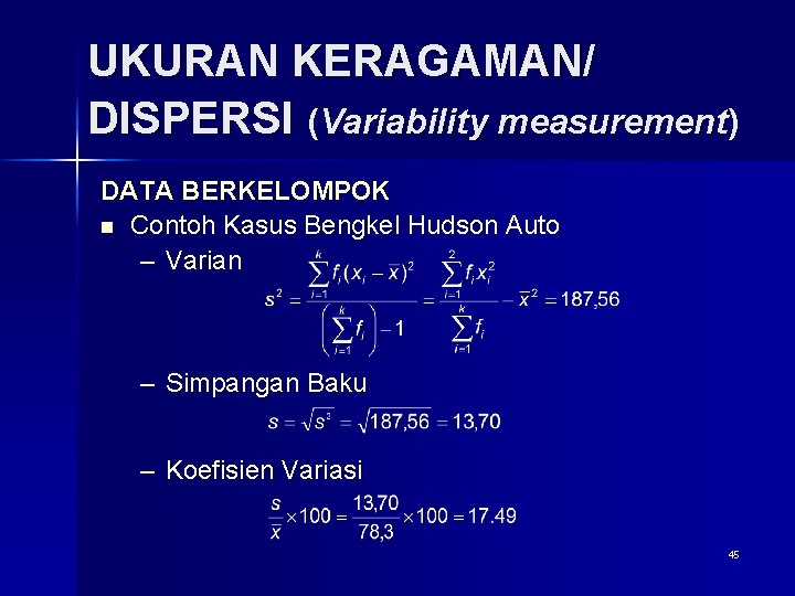 UKURAN KERAGAMAN/ DISPERSI (Variability measurement) DATA BERKELOMPOK n Contoh Kasus Bengkel Hudson Auto –