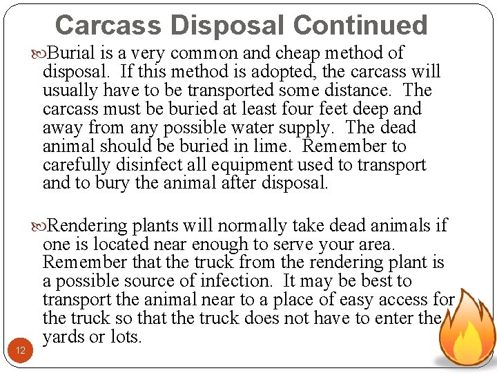 Carcass Disposal Continued Burial is a very common and cheap method of disposal. If