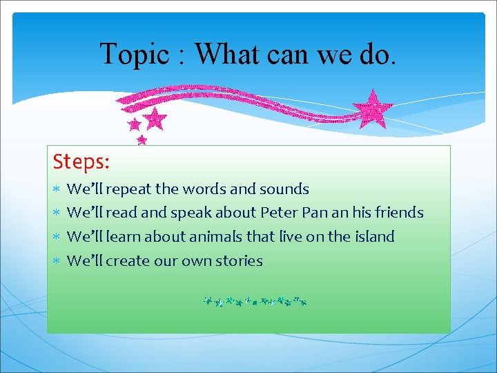 Topic : What can we do. Steps: We’ll repeat the words and sounds We’ll