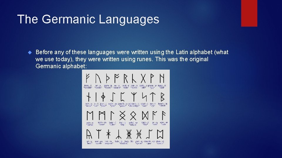 The Germanic Languages Before any of these languages were written using the Latin alphabet