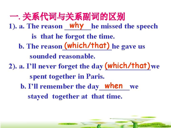 一. 关系代词与关系副词的区别 why 1). a. The reason _______he missed the speech is that he