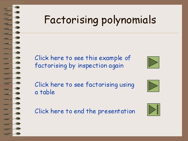 Factorising polynomials Click here to see this example of factorising by inspection again Click