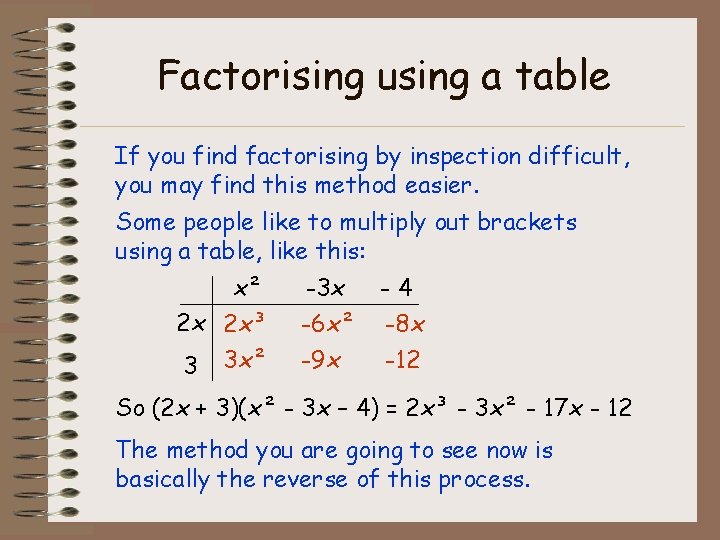 Factorising using a table If you find factorising by inspection difficult, you may find