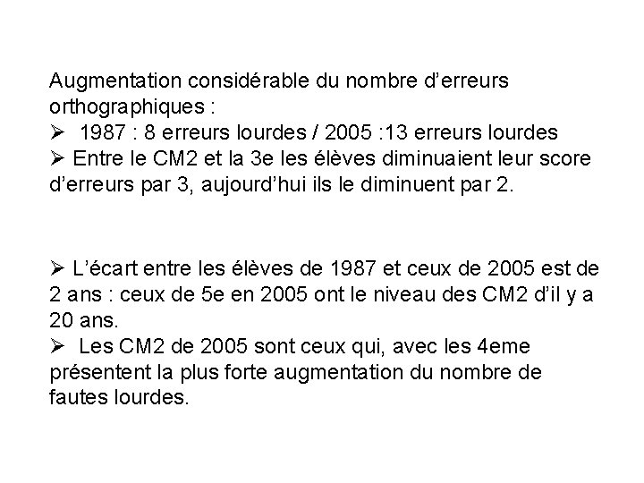 Augmentation considérable du nombre d’erreurs orthographiques : Ø 1987 : 8 erreurs lourdes /