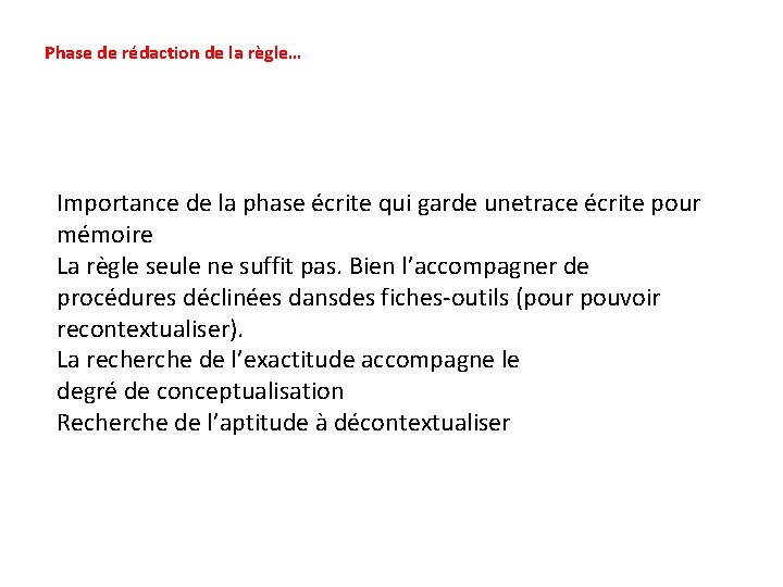 Phase de rédaction de la règle… Importance de la phase écrite qui garde unetrace