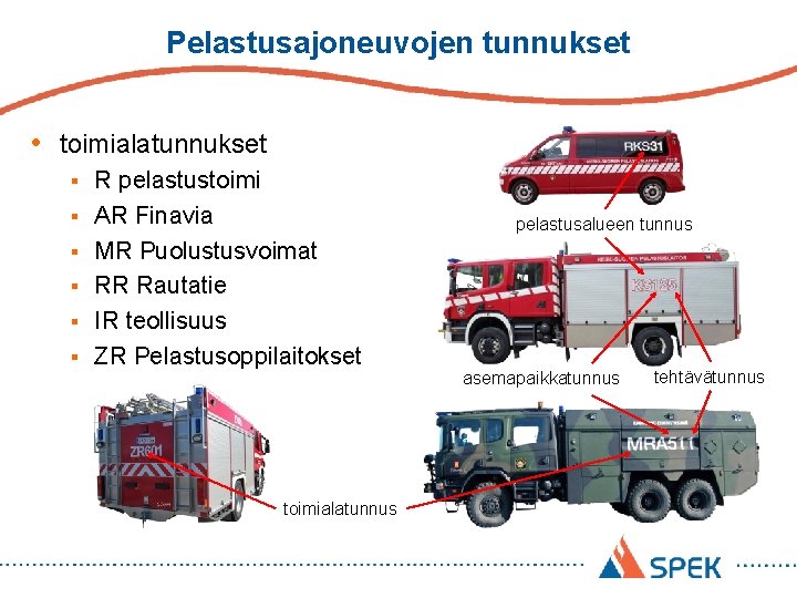 Pelastusajoneuvojen tunnukset • toimialatunnukset § § § R pelastustoimi AR Finavia MR Puolustusvoimat RR