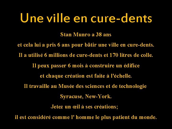 Une ville en cure-dents Stan Munro a 38 ans et cela lui a pris