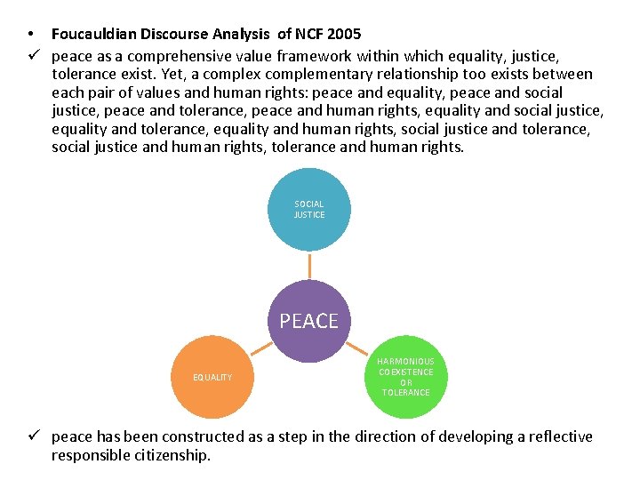  • Foucauldian Discourse Analysis of NCF 2005 ü peace as a comprehensive value