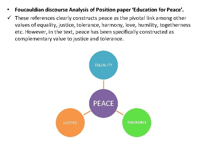  • Foucauldian discourse Analysis of Position paper ‘Education for Peace’. ü These references