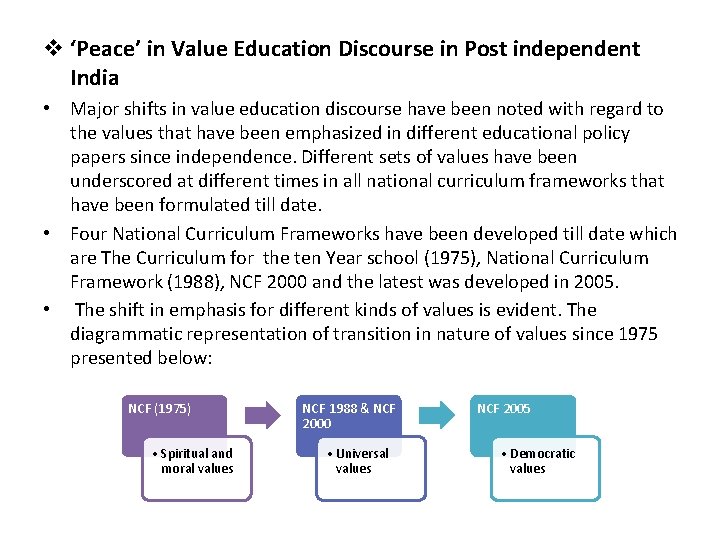 v ‘Peace’ in Value Education Discourse in Post independent India • Major shifts in