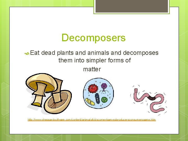 Decomposers Eat dead plants and animals and decomposes them into simpler forms of matter Decomposers Eat dead plants and animals and decomposes them into simpler forms of matter