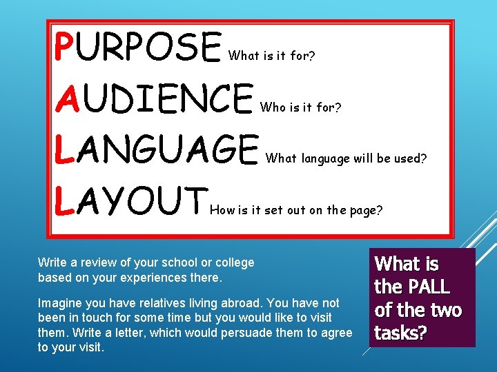 PURPOSE AUDIENCE LANGUAGE LAYOUT What is it for? Who is it for? What language PURPOSE AUDIENCE LANGUAGE LAYOUT What is it for? Who is it for? What language