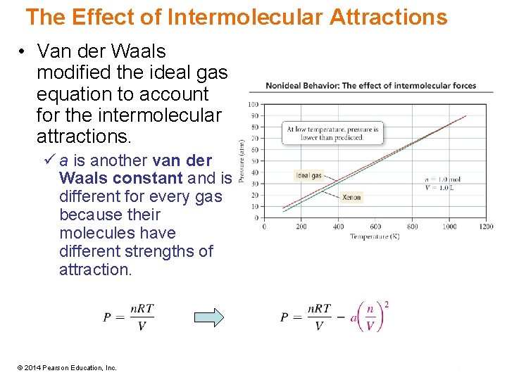 The Effect of Intermolecular Attractions • Van der Waals modified the ideal gas equation