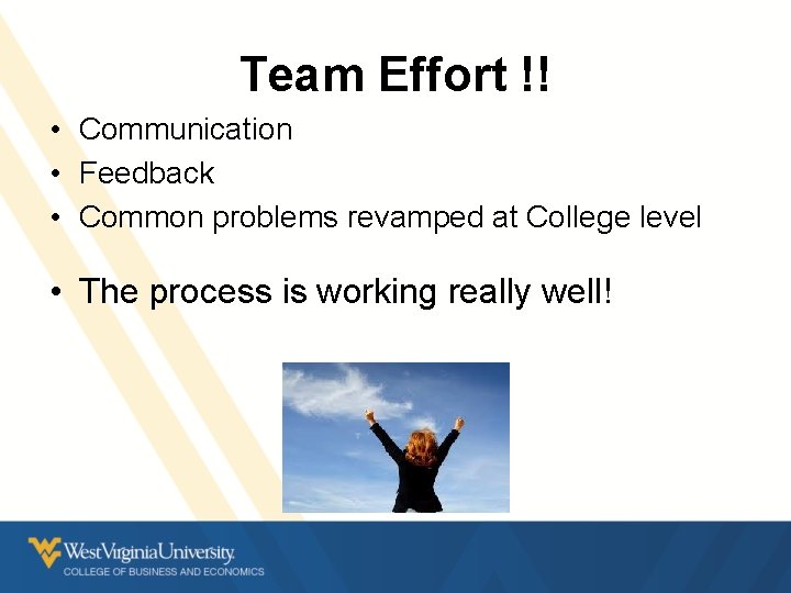 Team Effort !! • Communication • Feedback • Common problems revamped at College level Team Effort !! • Communication • Feedback • Common problems revamped at College level