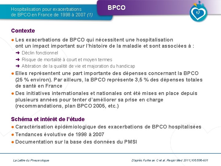 Hospitalisation pour exacerbations de BPCO en France de 1998 à 2007 (1) BPCO 17 Hospitalisation pour exacerbations de BPCO en France de 1998 à 2007 (1) BPCO 17