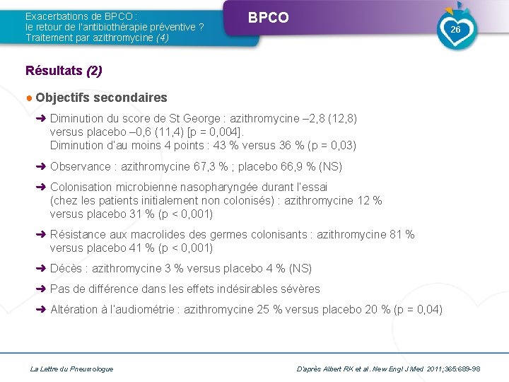 Exacerbations de BPCO : le retour de l’antibiothérapie préventive ? Traitement par azithromycine (4) Exacerbations de BPCO : le retour de l’antibiothérapie préventive ? Traitement par azithromycine (4)