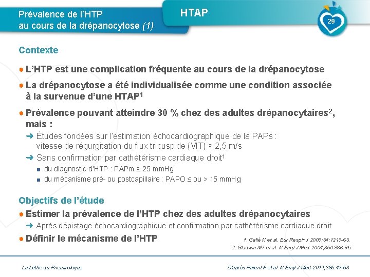 Prévalence de l’HTP au cours de la drépanocytose (1) HTAP 29 Contexte ● L’HTP