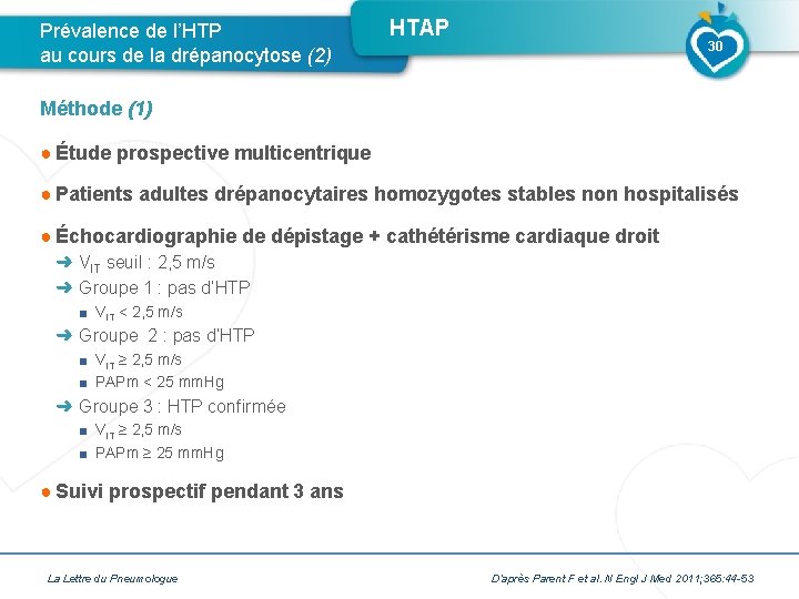 Prévalence de l’HTP au cours de la drépanocytose (2) HTAP 30 Méthode (1) ●