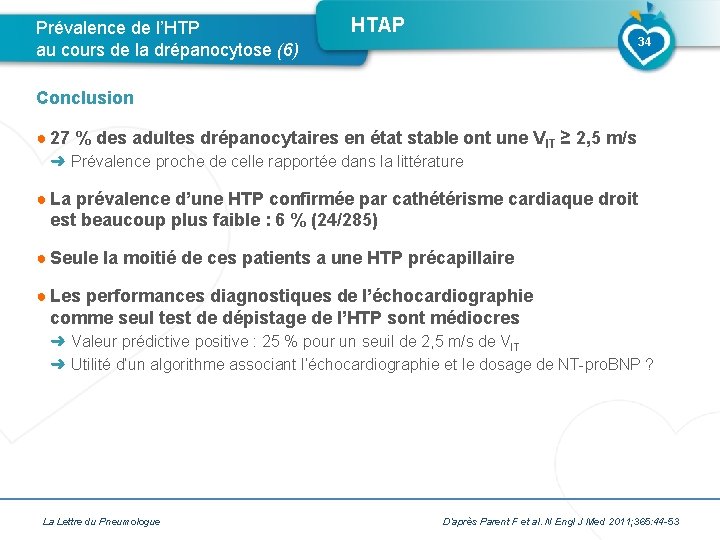 Prévalence de l’HTP au cours de la drépanocytose (6) HTAP 34 Conclusion ● 27