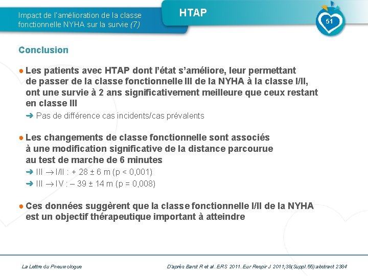 Impact de l’amélioration de la classe fonctionnelle NYHA sur la survie (7) HTAP 51