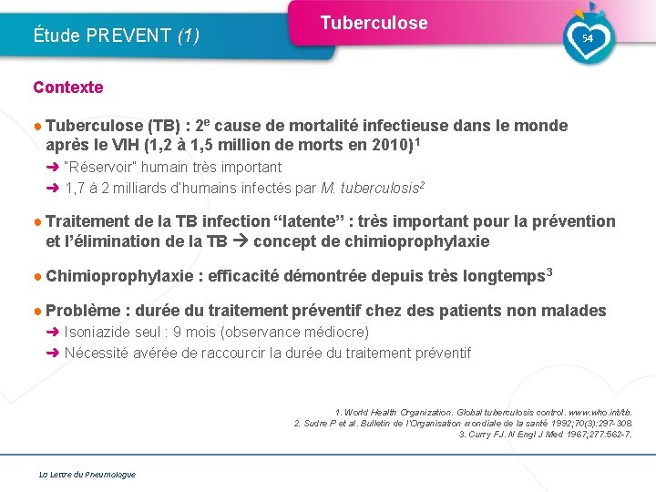 Étude PREVENT (1) Tuberculose 54 Contexte ● Tuberculose (TB) : 2 e cause de