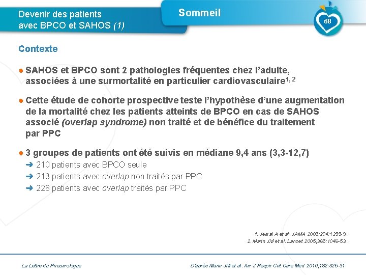 Devenir des patients avec BPCO et SAHOS (1) Sommeil 68 Contexte ● SAHOS et