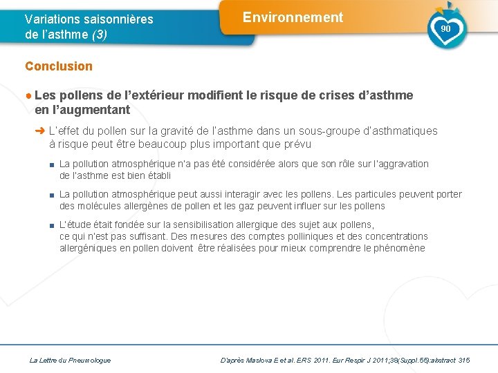 Variations saisonnières de l’asthme (3) Environnement 90 Conclusion ● Les pollens de l’extérieur modifient