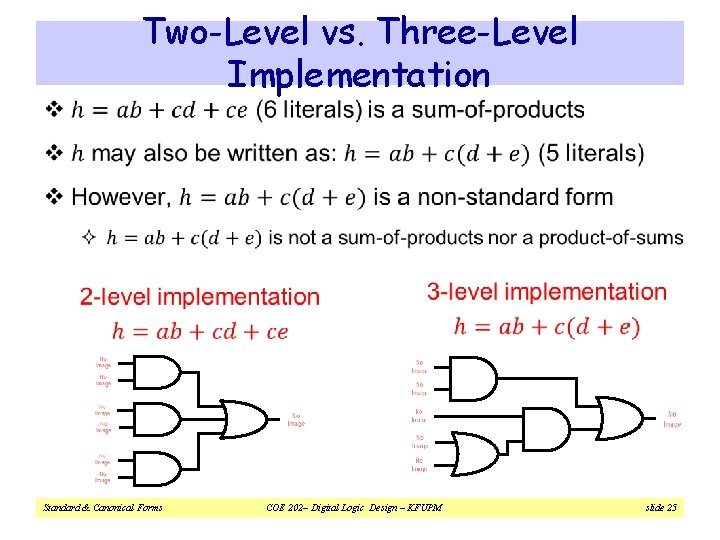 Two-Level vs. Three-Level Implementation v Standard & Canonical Forms COE 202– Digital Logic Design