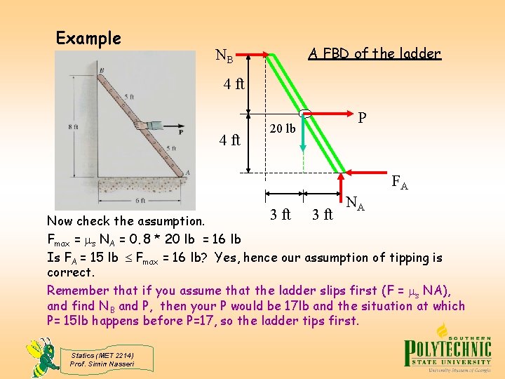 Example A FBD of the ladder NB 4 ft 20 lb P FA NA