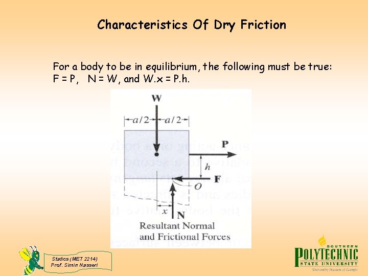 Characteristics Of Dry Friction For a body to be in equilibrium, the following must