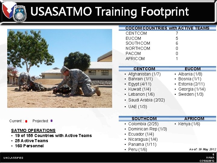 USASATMO Training Footprint COCOM COUNTRIES with ACTIVE TEAMS CENTCOM 7 EUCOM 5 SOUTHCOM 6