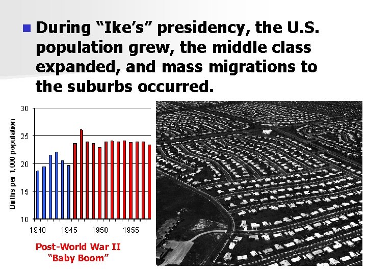 n During “Ike’s” presidency, the U. S. population grew, the middle class expanded, and