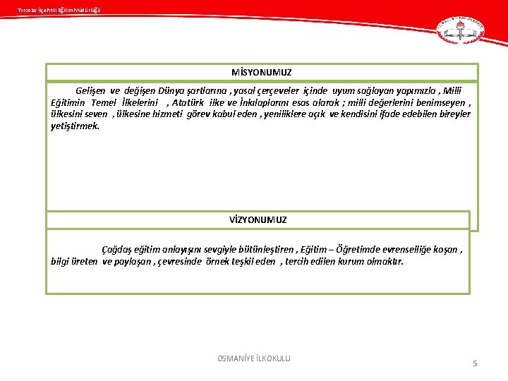 Toroslar İlçe Mili Eğitim Müdürlüğü MİSYONUMUZ Gelişen ve değişen Dünya şartlarına , yasal çerçeveler