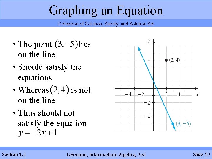 Graphing an Equation Definition of Solution, Satisfy, and Solution Set • The point lies