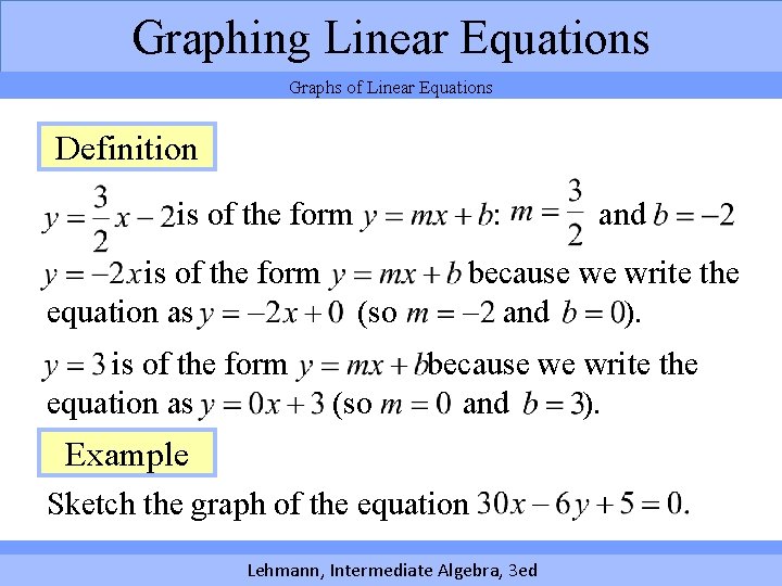 Graphing Linear Equations Graphs of Linear Equations Definition is of the form equation as