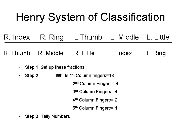 Henry System of Classification R. Index R. Ring R. Thumb R. Middle L. Thumb