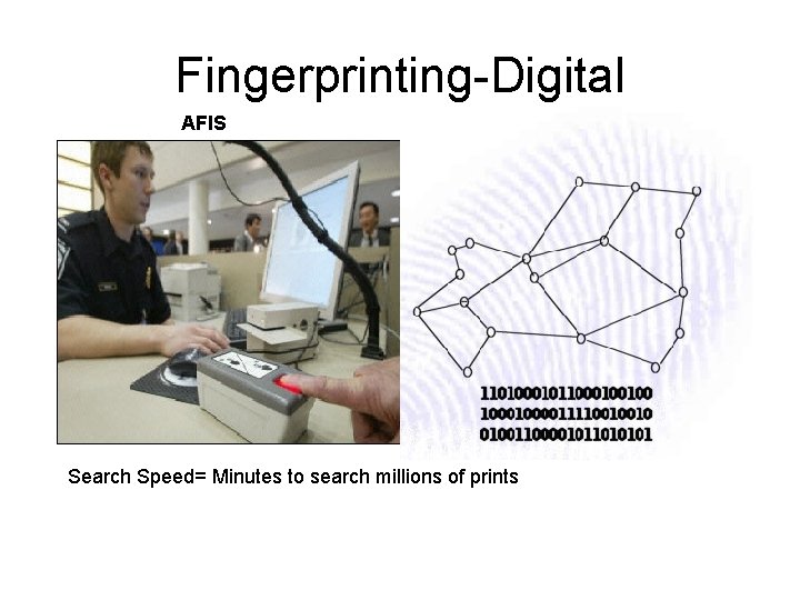 Fingerprinting-Digital AFIS Search Speed= Minutes to search millions of prints 