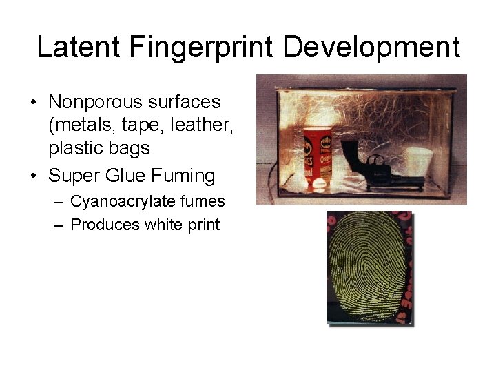 Latent Fingerprint Development • Nonporous surfaces (metals, tape, leather, plastic bags • Super Glue