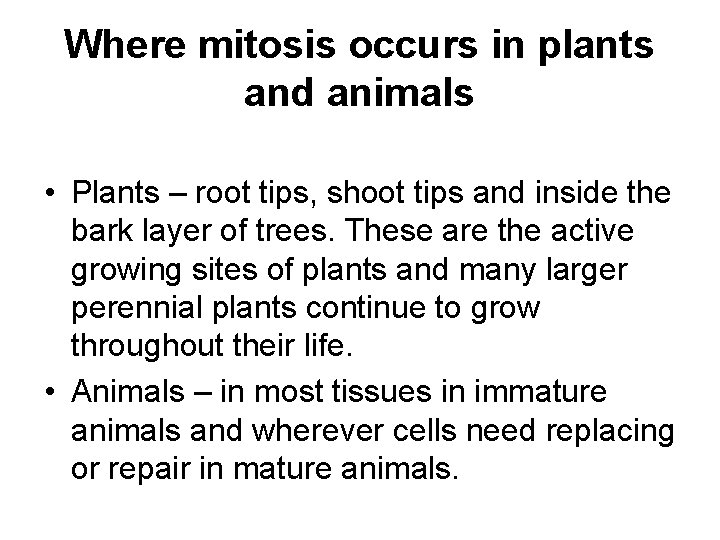 Where mitosis occurs in plants and animals • Plants – root tips, shoot tips