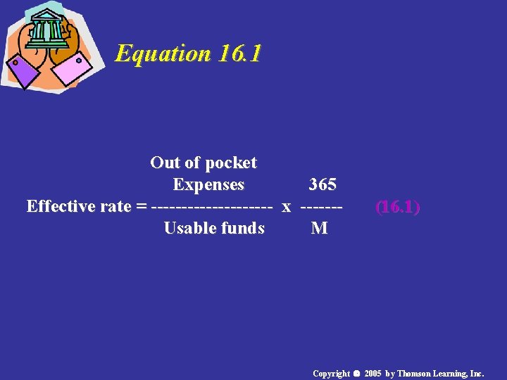 Equation 16. 1 Out of pocket Expenses 365 Effective rate = ---------- x ------Usable Equation 16. 1 Out of pocket Expenses 365 Effective rate = ---------- x ------Usable