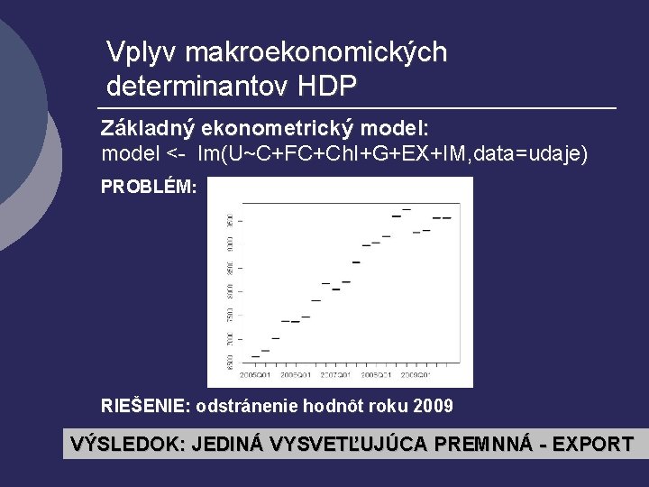 Vplyv makroekonomických determinantov HDP Základný ekonometrický model: model <- lm(U~C+FC+Ch. I+G+EX+IM, data=udaje) PROBLÉM: RIEŠENIE: