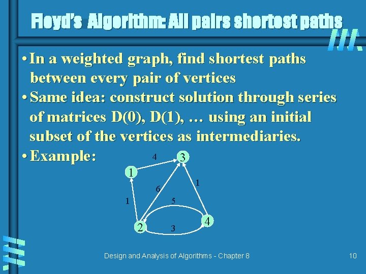 Floyd’s Algorithm: All pairs shortest paths • In a weighted graph, find shortest paths