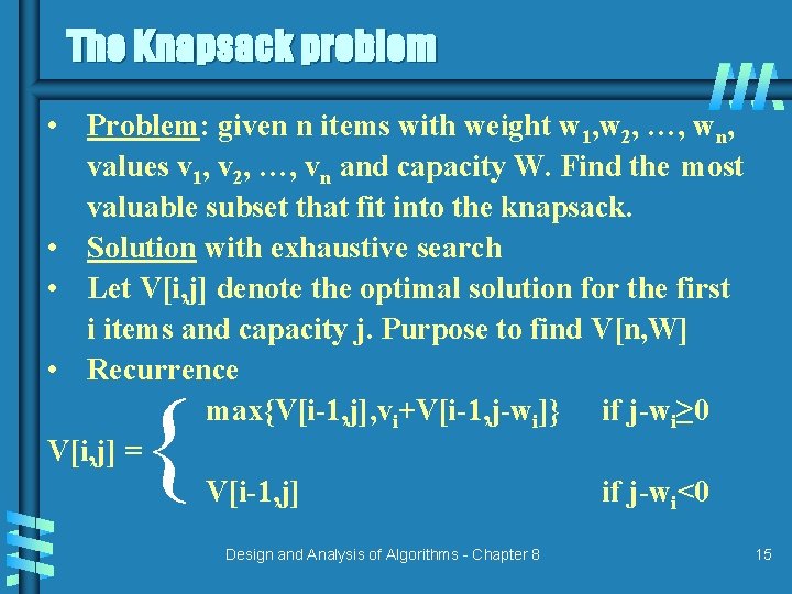 The Knapsack problem • Problem: given n items with weight w 1, w 2,