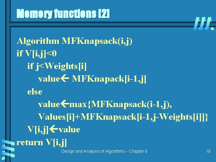 Memory functions [2] Algorithm MFKnapsack(i, j) if V[i, j]<0 if j<Weights[i] value MFKnapack[i-1, j]