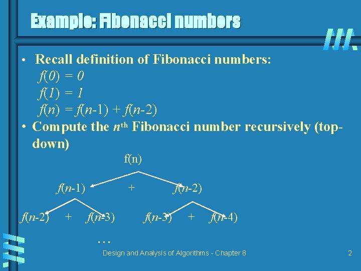 Example: Fibonacci numbers • Recall definition of Fibonacci numbers: f(0) = 0 f(1) =