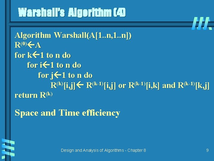 Warshall’s Algorithm (4) Algorithm Warshall(A[1. . n, 1. . n]) R(0) A for k