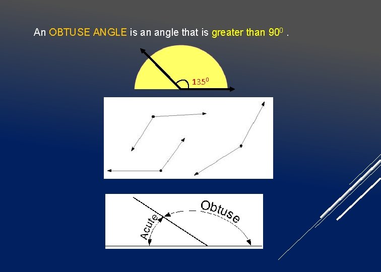 An OBTUSE ANGLE is an angle that is greater than 900. 1350 